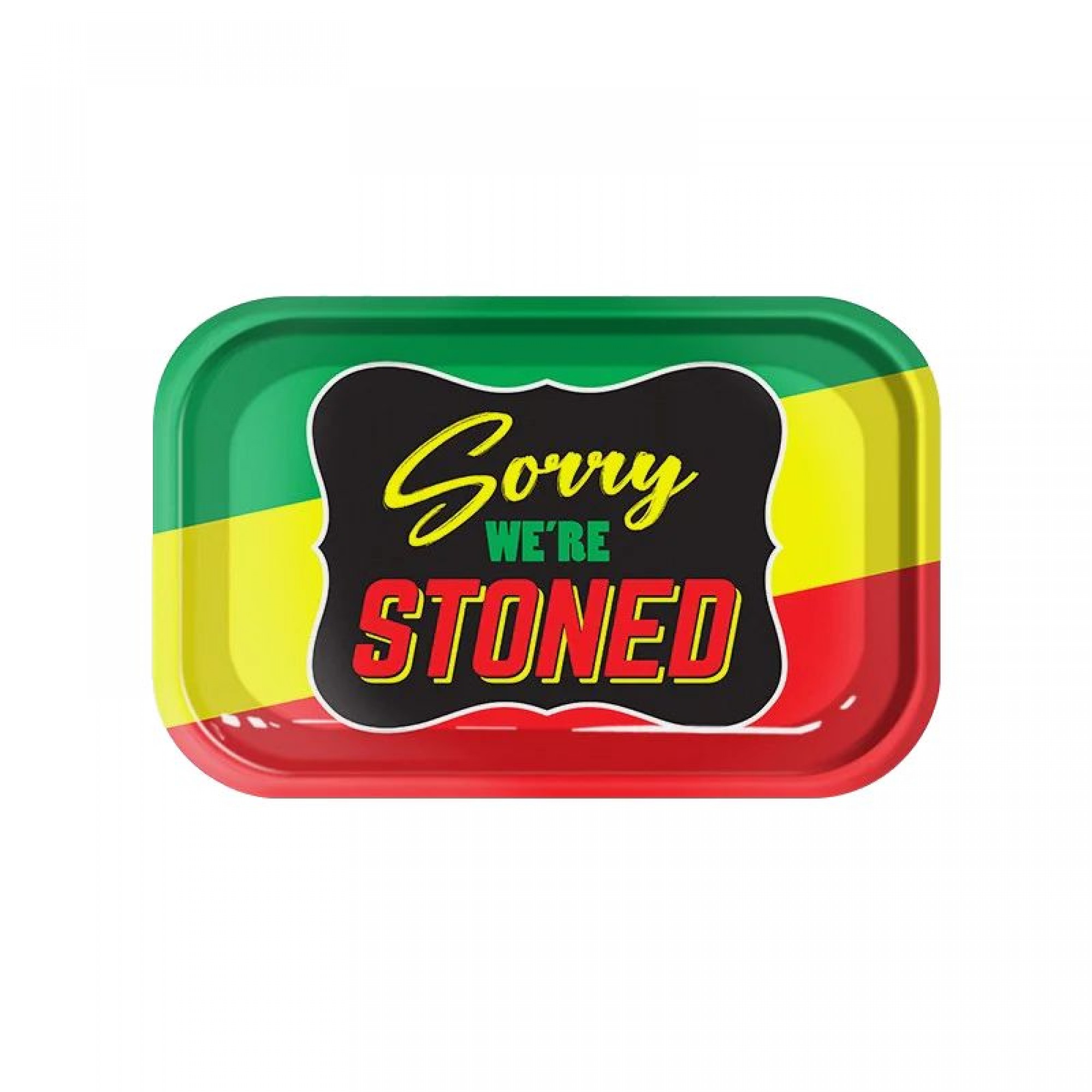 Sorry We're Stoned Rasta Metal Rolling Tray - 27.5x17.5cm
