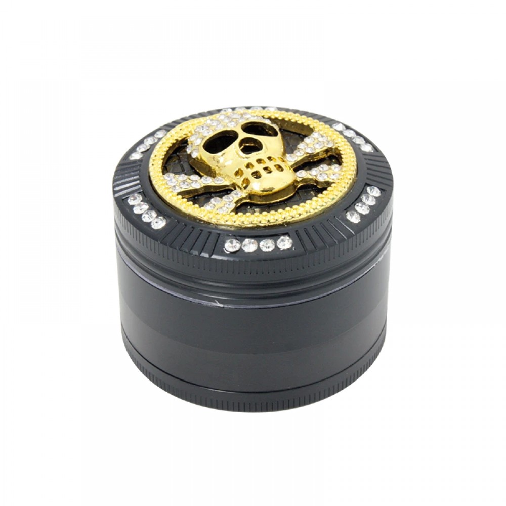 Bling Black Skull Grinder 4-Part (50x40mm) – Aluminium Herb Grinder with Crystals