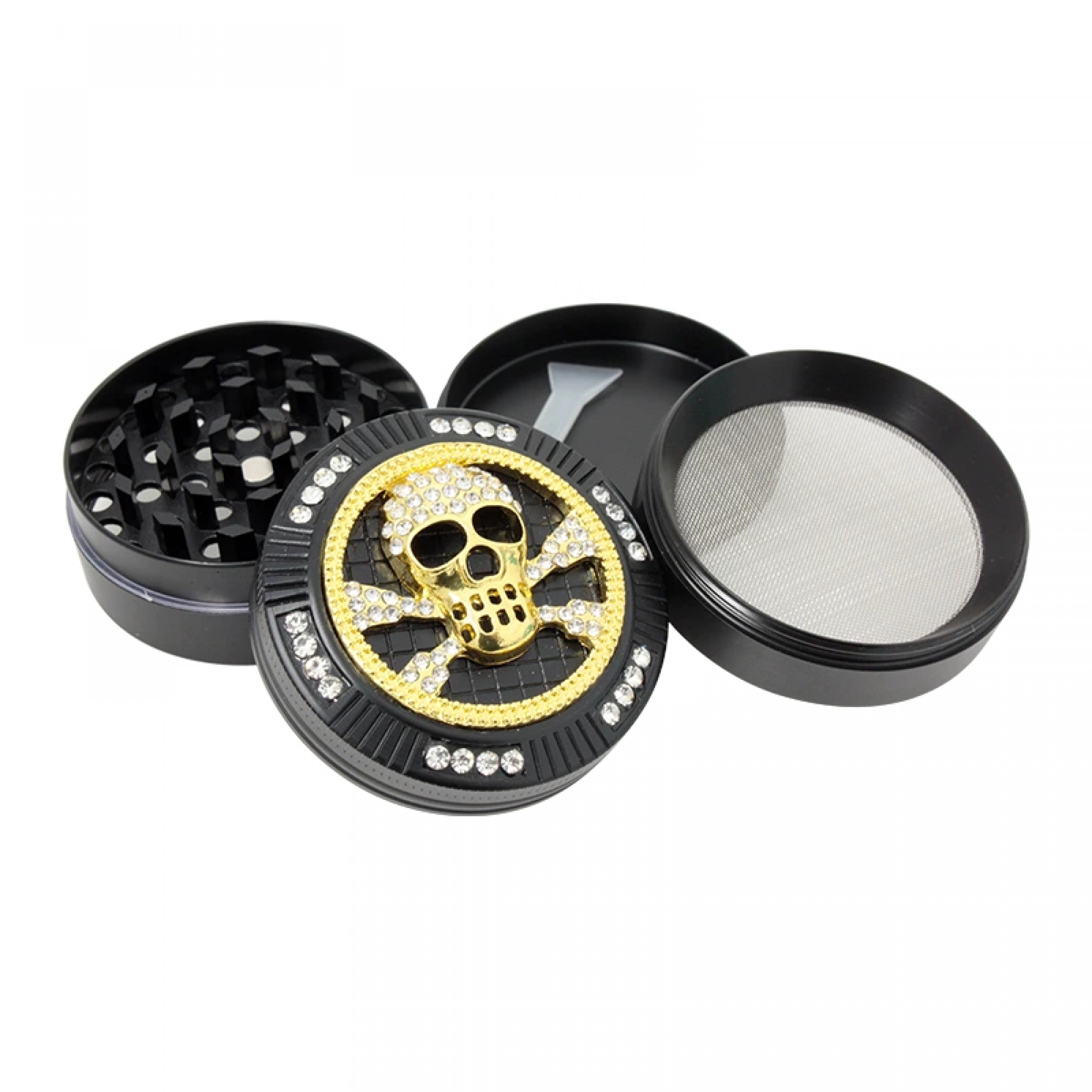 Bling Black Skull Grinder 4-Part (50x40mm) – Aluminium Herb Grinder with Crystals